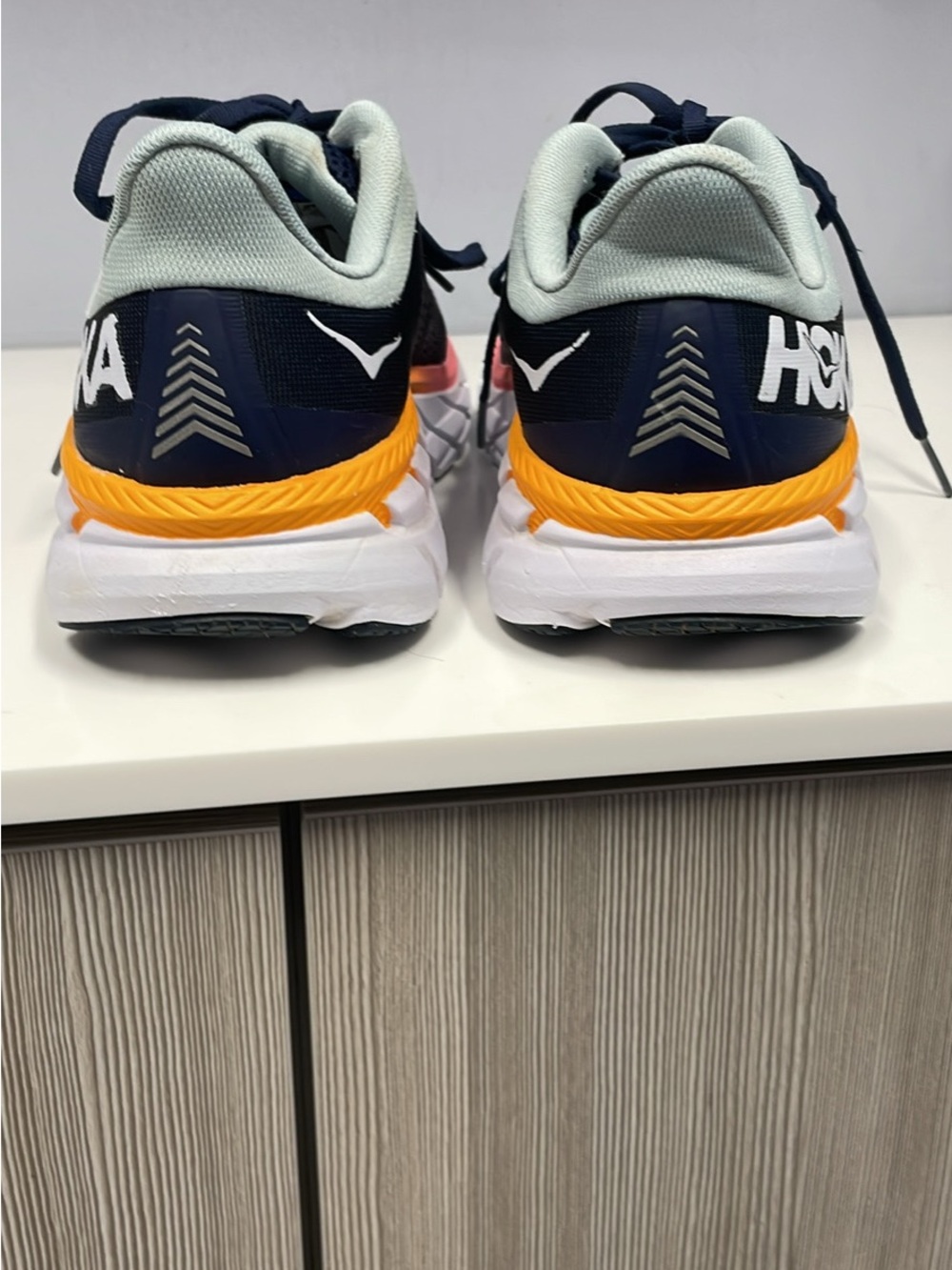 HOKA ONE ONE Woman’s. Navy Running Shoes with Coral and Mint Accents. Size 9 - Picture 3 of 9